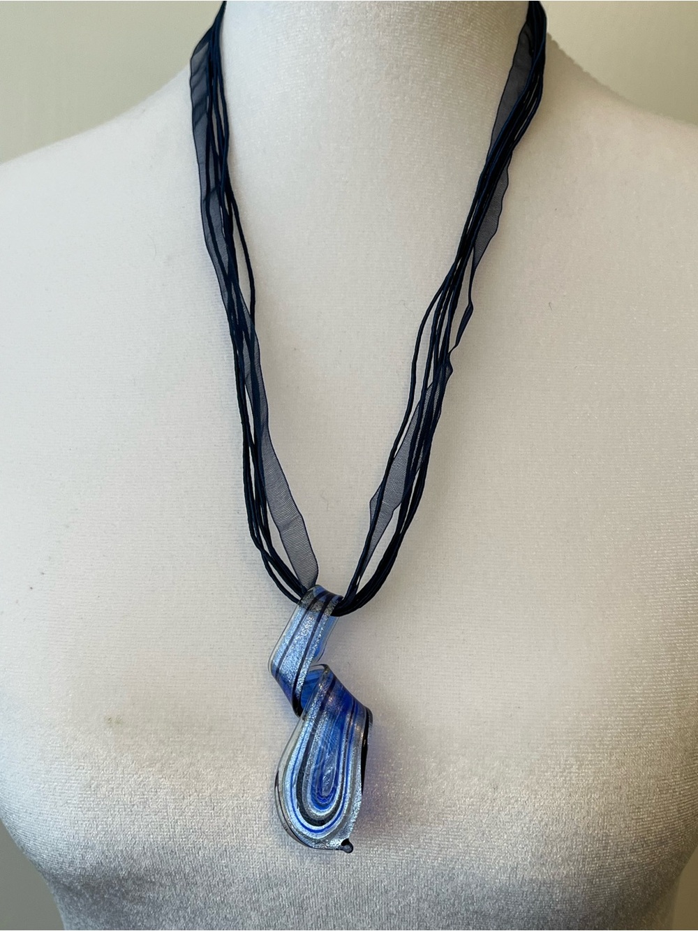 Hand Blown Art Glass Blue Pendant Clear with Gold Swirls 24”